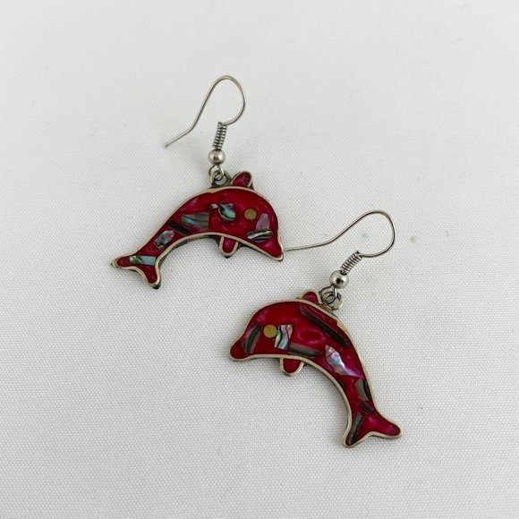 Alpaca Silver Red Dolphin Dangle Earrings - Picture 1 of 4